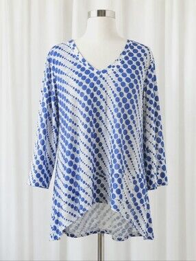 Tango Mango Blue White Polka Dot Asymmetrical Artsy Slub Knit Tunic Top Blouse